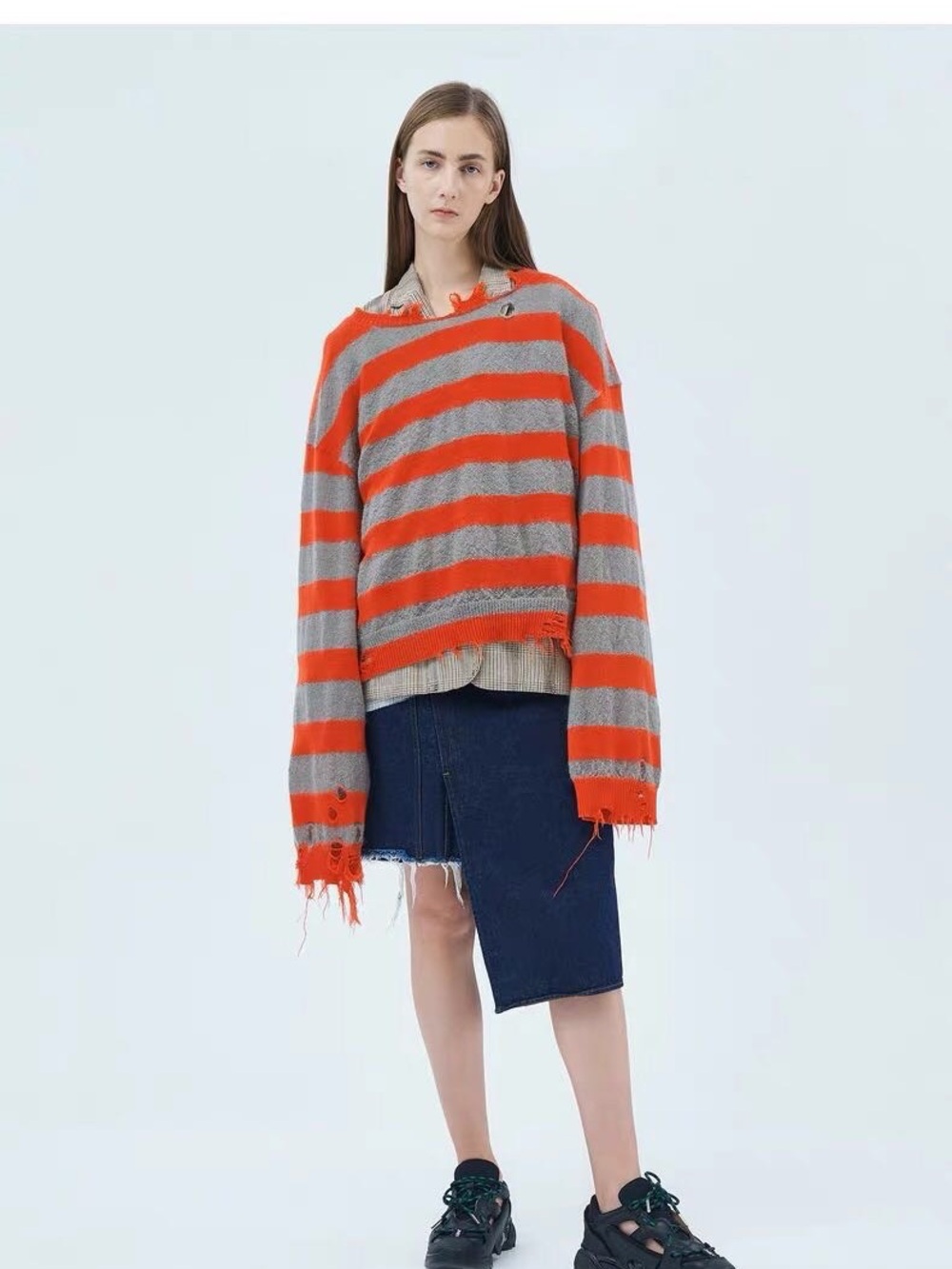 JNBY Distressed Orange Gray Striped Wool Mohair Sweater Size M